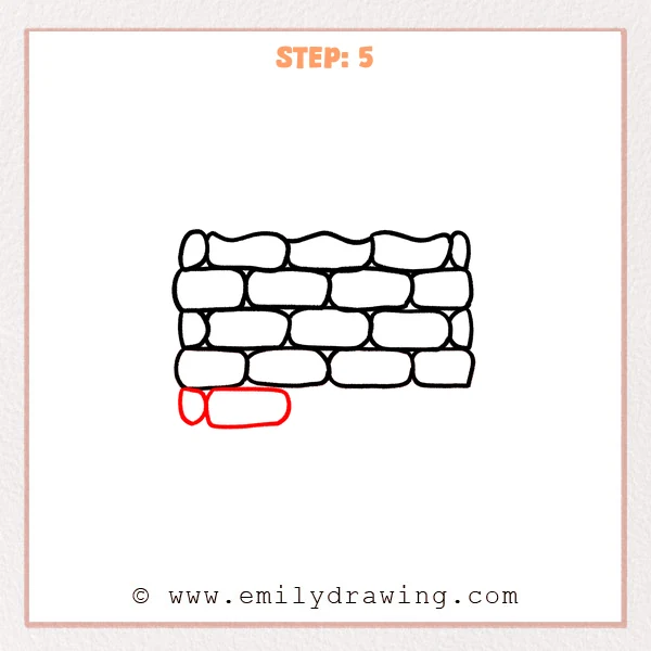 how to draw a brick wall - Step 5 of how to draw a brick wall: the first brick of a new bottom row is started on the left with a capped end and one rounded brick.